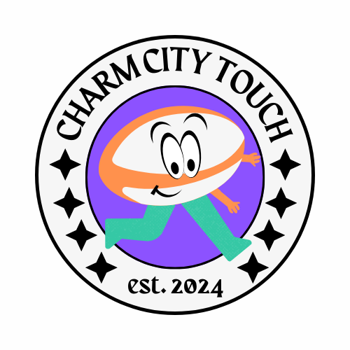 The logo for Charm City Touch. An animated rugby ball reaches out to touch something. Text around the logo says Charm City Touch and established in 2024.